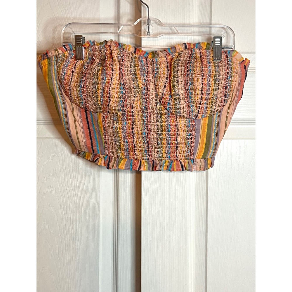 Pilcro Anthropologie Strapless Smocked Stripe Crop Top Peach Multi M NWT